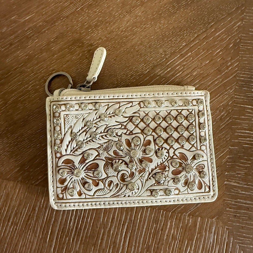Myra Bag Cream Floral Embossed Card & Key Holder with Stud Accents